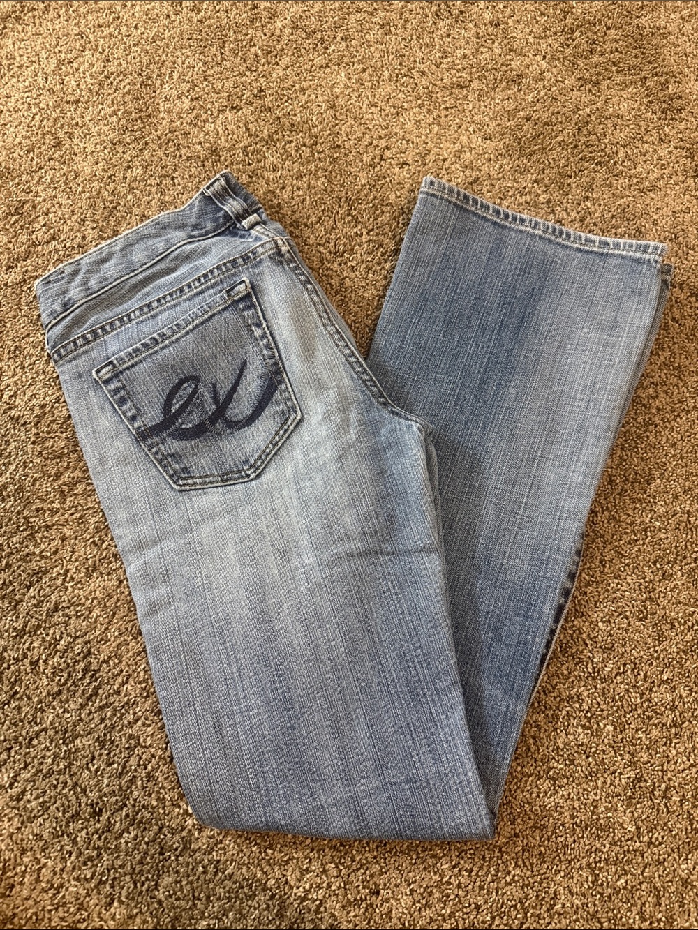 Express Light Blue Boot Cut Jeans with Back Pocket Script
